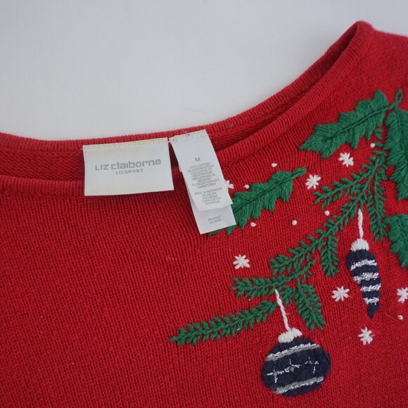 Vintage Liz Claiborne Red Green Embroidered Christmas Ornaments Knit Crewneck L - Picture 10 of 10